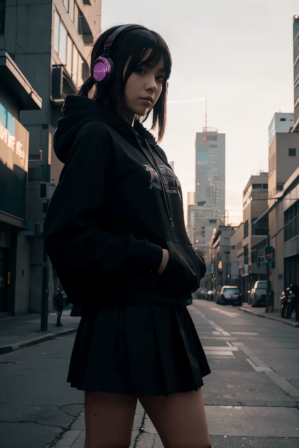 Anime cyberpunk girl with big black hoodie, black short skirt and headphones standing in the middle of the city, dawn time, morning, sunray. Best anime 4k konachan wallpaper, style of anime4 K, cyberpunk anime girl,