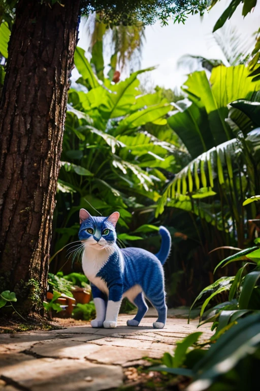 a curious blue cat, bluey,exploring neighborhood,discovering hidden treasure map,adventurous spirit,1 cat,detailed colorful fur,expressive eyes,adventure,detailed environment,colorful backyard setting,vibrant colors,lush greenery,intricate details,cinematic lighting,fantasy elements,highly detailed,4k,8k,photorealistic,masterpiece