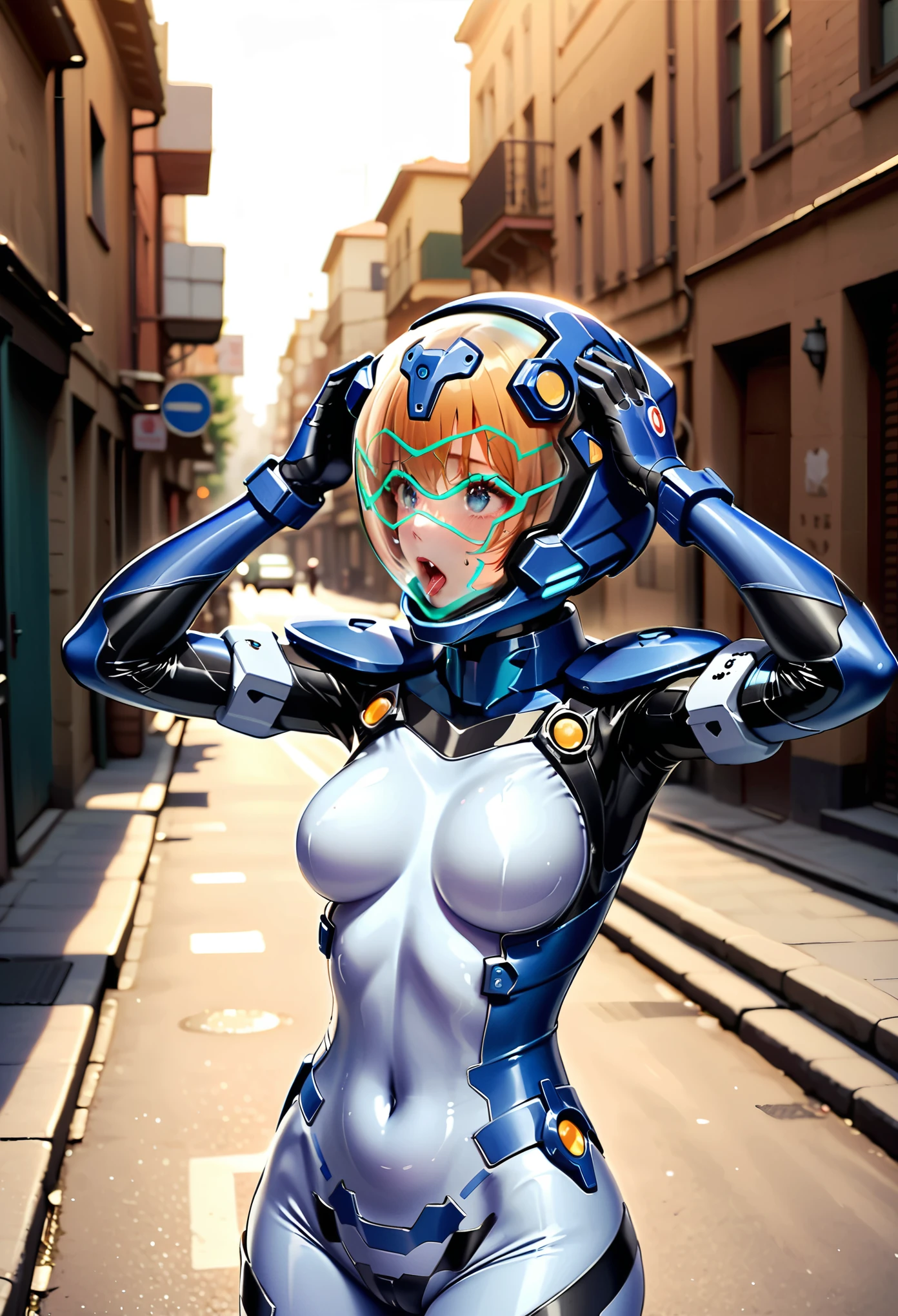 short hair, street, emo, BLACK hair, white eyes, eyeliner, apocalypse, (astronaut, girl, road, city, fortified suit, ((blue:1.5) plugsuit), short hair, outdoors, cinematic light, medium breasts, covered navel, space helmet, muvluv, space helm, eva helmet,[legs bent, ,ahegao, rolling eyes,saliva, drooling, sweat, trembling, HARD TO BREATH,, (hands up:1.6), (holding head:1.7), upper body,hands above head, close eyes