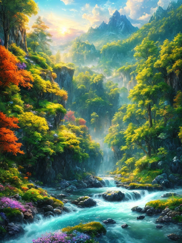 masterpiece, 最high quality, high quality,Very detailed CG unity 8k wallpaper, Enchanting and dreamy fantasy forest scenery, Seven-Colored Garden, Valley of the Fairies with a River Flowing Through It, Mysterious and fascinating, Sky Blue Sky, White dove flies, Complex, sunset, pastel colour, Award-winning photography, Written boundary depth, High resolution, bloom, chromatic aberration ,Realistic,Very detailed, White cloud, Trending on CGSociety, Complex, Attention to detail, dramatic, art:The middle of a journey