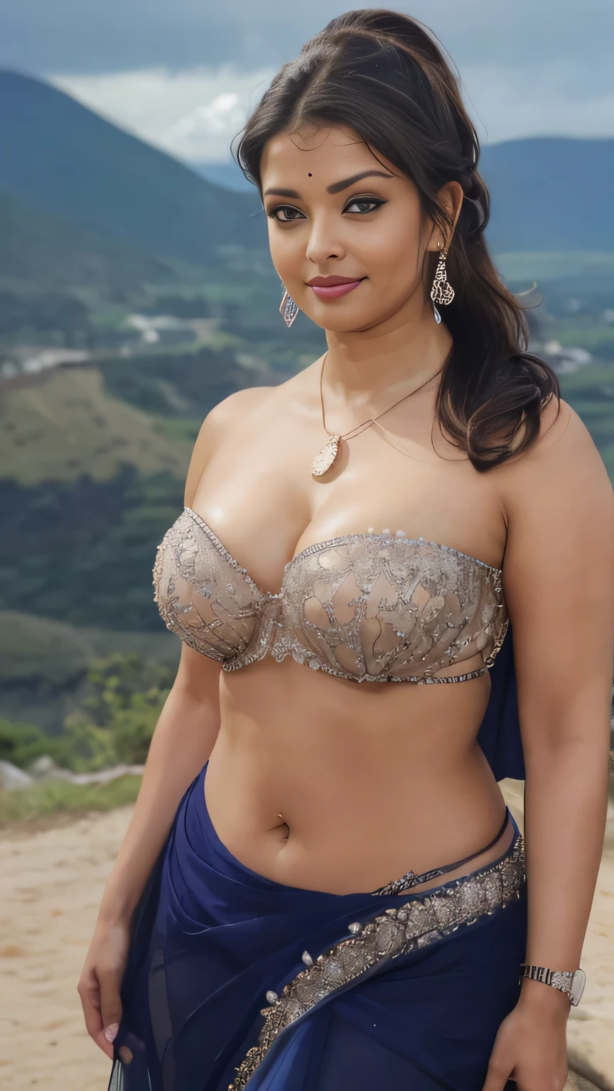 extreme close up photo of sexy Latina, aishwarya, big cheeks, curvy, hourglass figure, swooping breasts, deep cleavage, open arms, sexy armpits, seducing on mountains, ponytail, necklace, blue see through strapless saree, look at viewer and subtle smile, (cinematic:1.3), intricate details, (ArtStation:1.2)