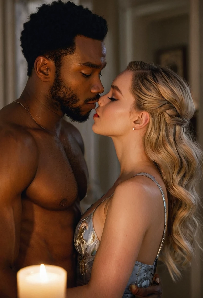 Sydney Sweeney as Marvel Comics’ Felicia Hardy and a handsome African American male whose facial features are a combo of Mamoudou Athie + Jovan Adepo + Donald Glover share a steamy kiss inside a bedroom lit only by candlelight. Sydney has long and wavy platinum-blond hair. Sydney has lovely makeup on her face. Nighttime. Romantic ambiance. Symmetrical eyes. Symmetrical faces. Lovely details. Photorealistic. Full-colored photo. Professional photo. Highly detailed 8K.