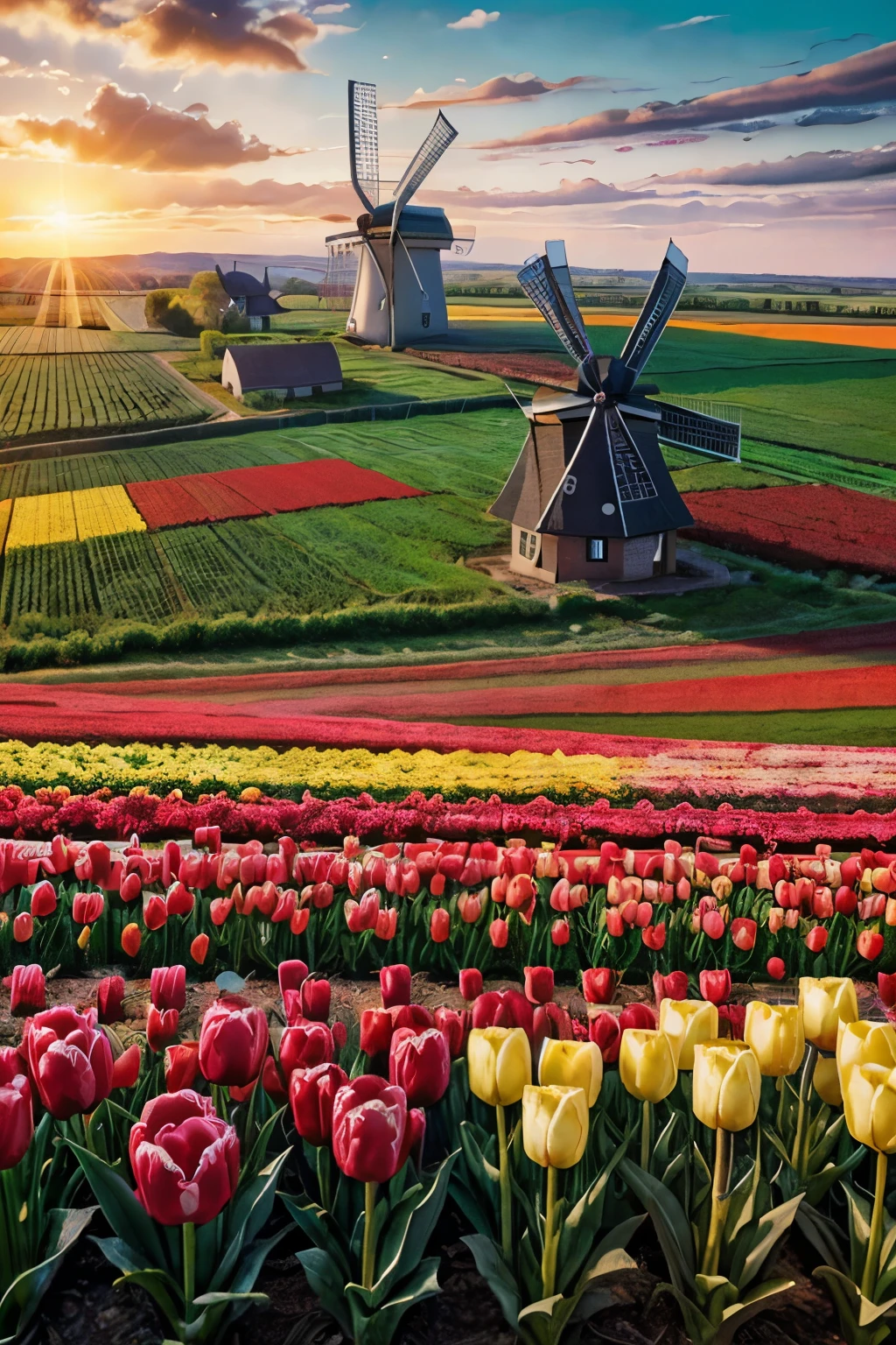 Create a vibrant, colorful landscape painting featuring a large windmill at the center. The scene includes expansive fields of tulips in various colors, such as red, yellow, and pink, stretching towards the horizon. The sky is painted with soft, warm hues of sunset, with scattered clouds adding texture. In the background, there are rolling hills and distant mountains. The overall mood is peaceful and lively, with a focus on the lush tulip fields and the iconic windmill