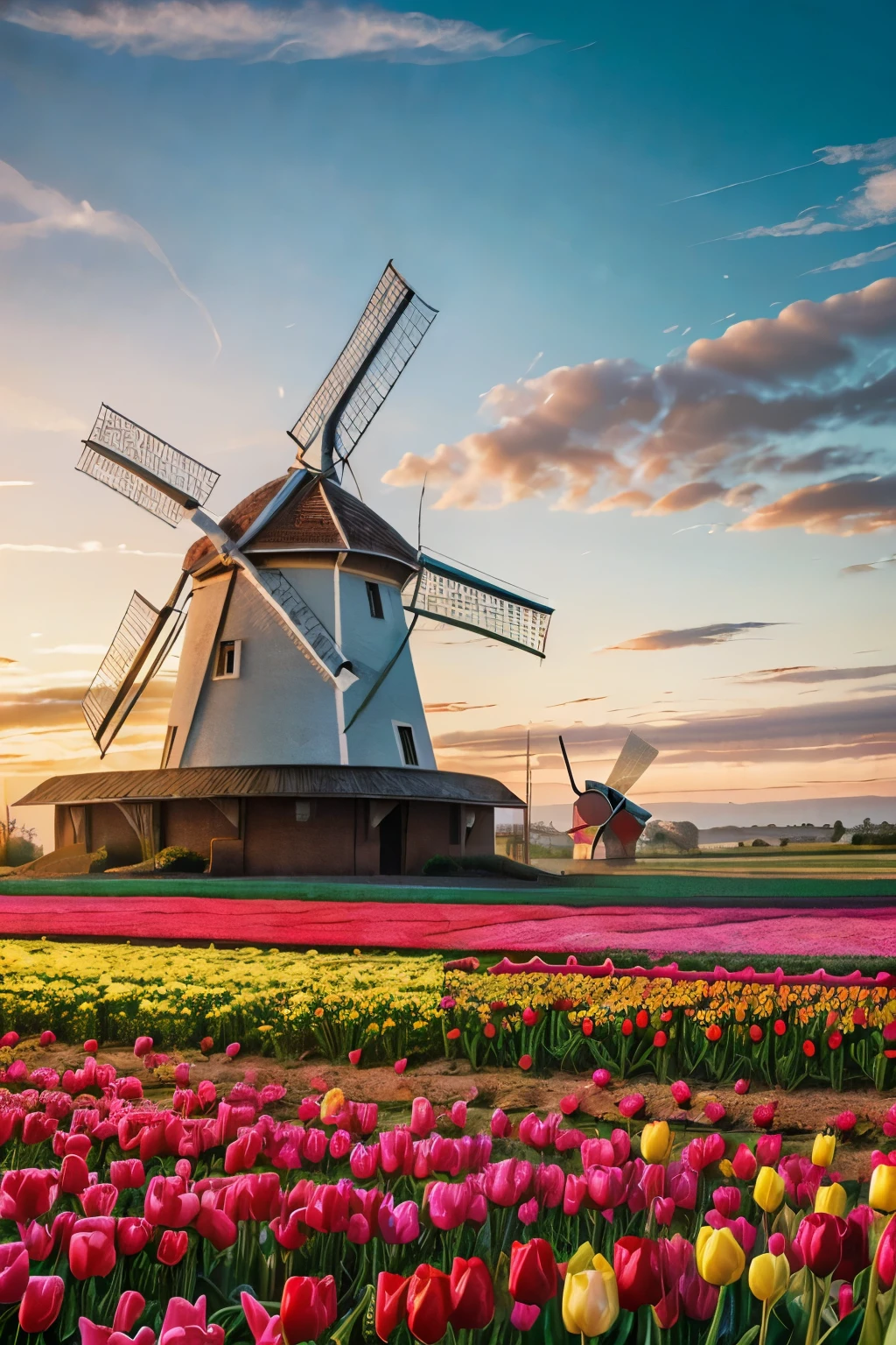 Create a vibrant, colorful landscape painting featuring a large windmill at the center. The scene includes expansive fields of tulips in various colors, such as red, yellow, and pink, stretching towards the horizon. The sky is painted with soft, warm hues of sunset, with scattered clouds adding texture. In the background, there are rolling hills and distant mountains. The overall mood is peaceful and lively, with a focus on the lush tulip fields and the iconic windmill