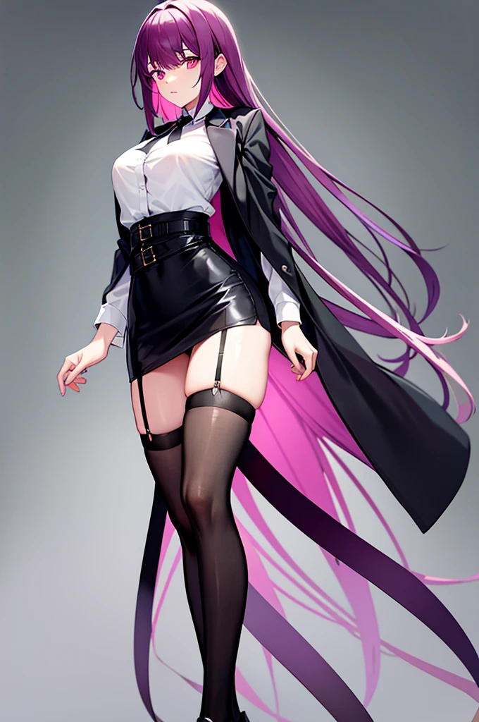 

[Hair=Long-Violet Hair and wears large black-ribbon on hair]

[Eyes=Pink]

[Outfit=wears a white dress shirt that exposes the top of my back and shoulders along with a midnight-blue jacket with pink-violet outlines that is draped over shoulders]

[Bottom/Lower-Ouftit=black, high waisted shorts and nylon tights, with a thigh garter on right leg, black boots with two different lengths: the right knee, while the left goes slightly over ankle]*