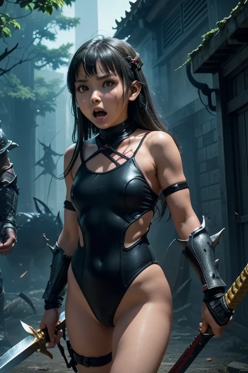 a bit, Warrior Girl, Black high leg swimsuit, sword,armor、Quiet、Scared girl、shout、Convulsing with fear、Girl being attacked by a monster、Girl caught by monster、be killed、There are a lot of monsters in the background、Girl surrounded by monsters、Solo