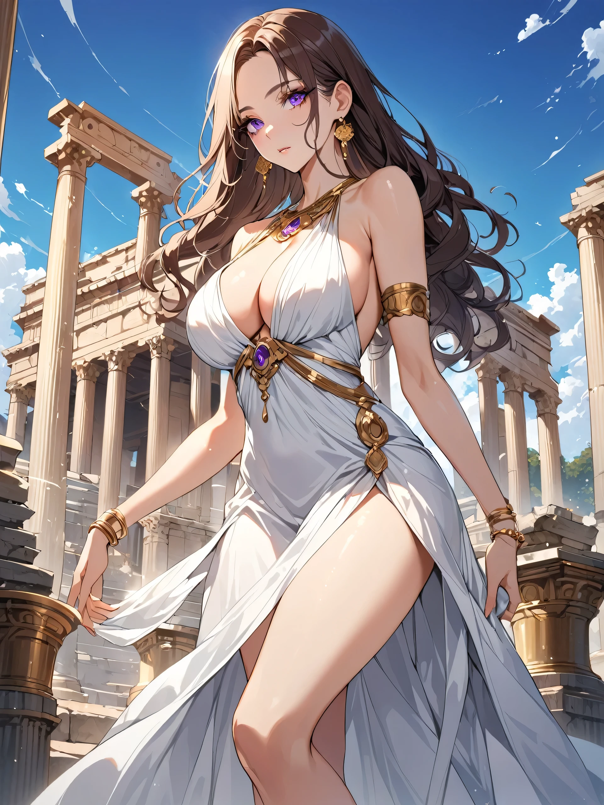 Mature tall Women With Long wavy Dark chestnut colour hair Falling and touching on ground , Long Black Eyelashes , Dark purple Colour Eyes , huge Chest with Cleavage, Long Slender Legs , Wearing Greek Goddess White drees With Golden Earrings and Bracelet , Golden heel Sandels , Standing In Ancient Rome Temple With white big pillars in , Calm and xold expression On face , Regal and elegant Posture In standing, Detailed Portrait, hyper detailed Eyes and Eyelashes, High Quality, High Resolution, 4k , Full body Portrait