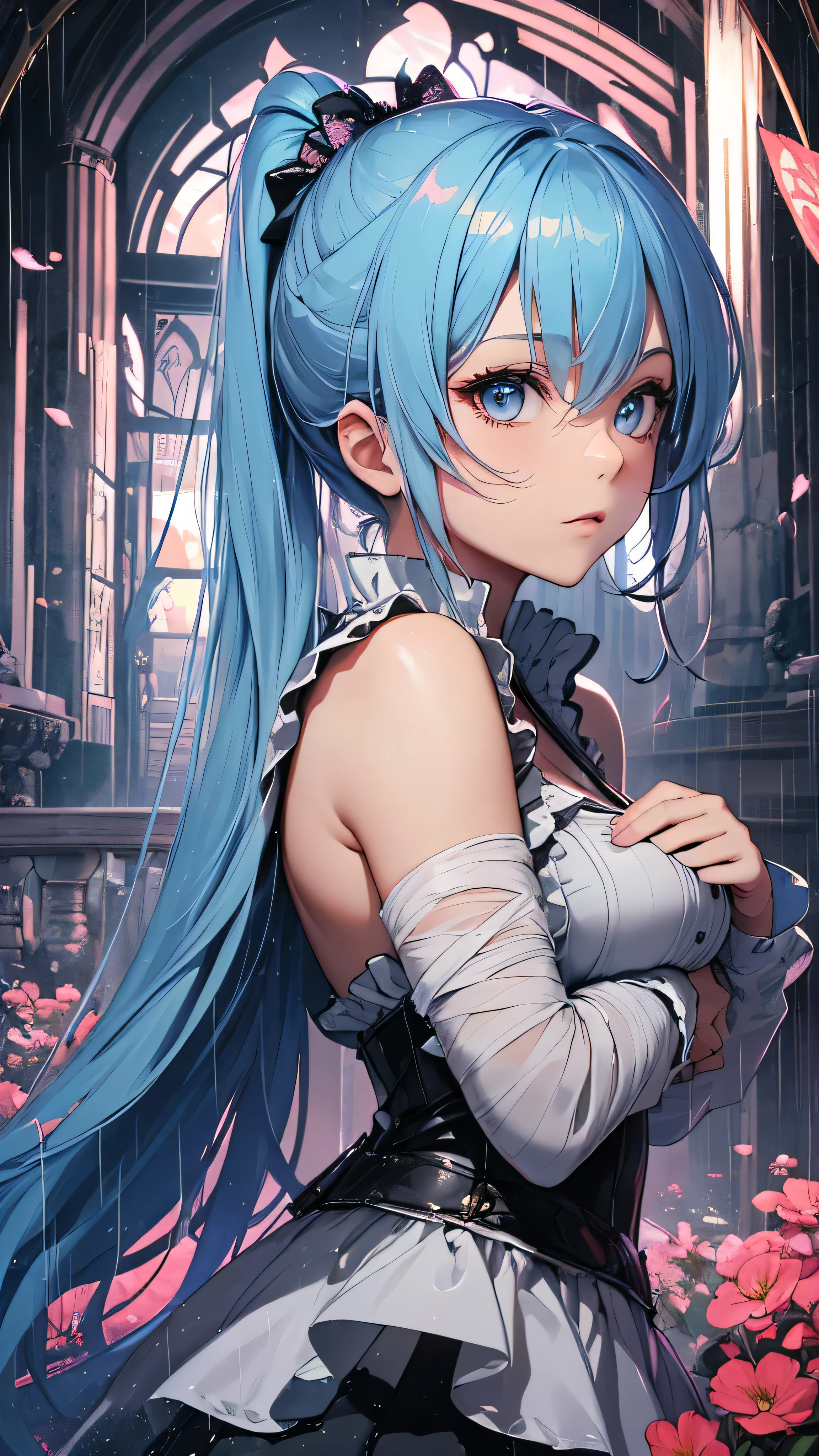 最high quality、best image quality、masterpiece、girl((20-year-old、 By becoming、vest bust、medium bust,wide open breast tea、shining eyes, light blue hair、long hair、thin,highest valley、ponytail、action of looking up、bandage、black dress、long skirt、Rear view、emphasize the buttocks)),high quality、beautiful art、background((Gorgeous castle、Rain of blood))、Flight、debris flies、Depth of written boundary、movie、visual art、perfect art、8k,genuine、