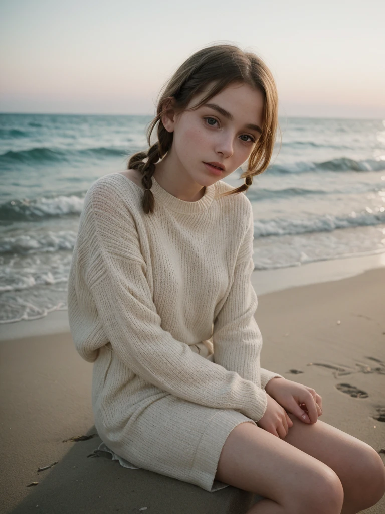 Sophia Lillis,beautiful, elegant, Open your mouth wide, , Long braids,whole body 、transparent Soft sweater、beautiful beach、Relaxed atmosphere、mysterious、Soft natural light、Old film photography、Intimate atmosphere、Color photography、summer、vacance,Private Photos、Photos taken by lovers