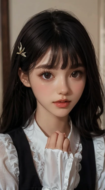 Highest quality, (Realistic:1.2), One girl, alone, Detailed face, Face Focus, Are standing, Black Hair,(hair ornaments:1.35),office lady, Sleeves edged with ribbon, Removable sleeves, Ribbon trim, Wide sleeves, (View your viewers:1.5) Long Hair, Iris, bangs, lips,