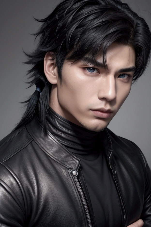 ((face portrait)), close-up photo, ((more focus on face)),((pose of superiority)), ((powerful man)), very luxurious in the image, highly detailed image. ((A man)), 20 year old boy, young appearance, perfect masculine appearance, detailed face, light blue eyes, seductive look, defined jawline, Serious countenance, marked nose, marked jaw, handsome face, young male face. Black hair, detailed hair, men's haircut. Perfect male body, broad shoulders, chest Toned, defined abs, toned body. Wearing a leather jacket with Spikes, leather jacket, black leather pants, goth look. Face with Korean features, slanted eyes, Asian appearance, Asian facial features, Striking a masculine pose, looking fixedly at the viewer, Asian features, Asian man, masculine, black hair, Korean hair, ((Mullet haircut)), ((big messy hair)), ((Mullet haircut)). 