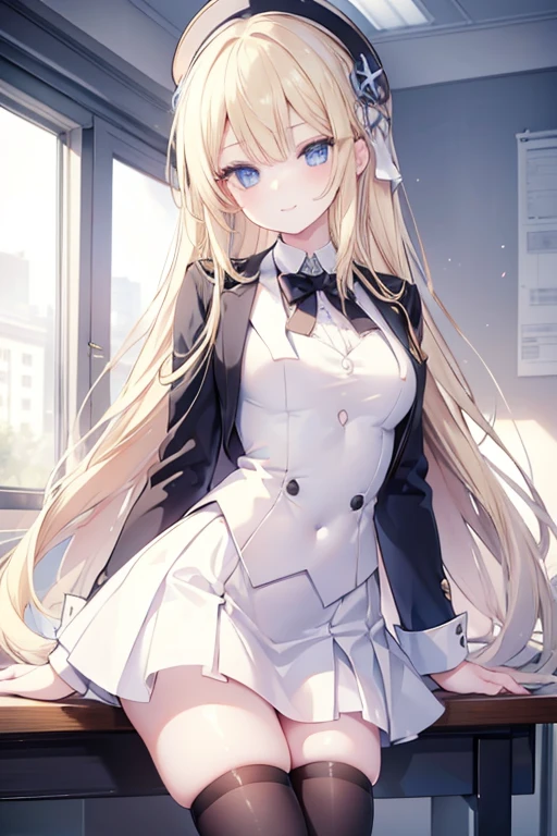 young girl, long blonde hair, blue eyes, beautiful and detailed eyes, ideal body, white shirt, blazer, black skirt, black stockings, sweet smile, (in class)