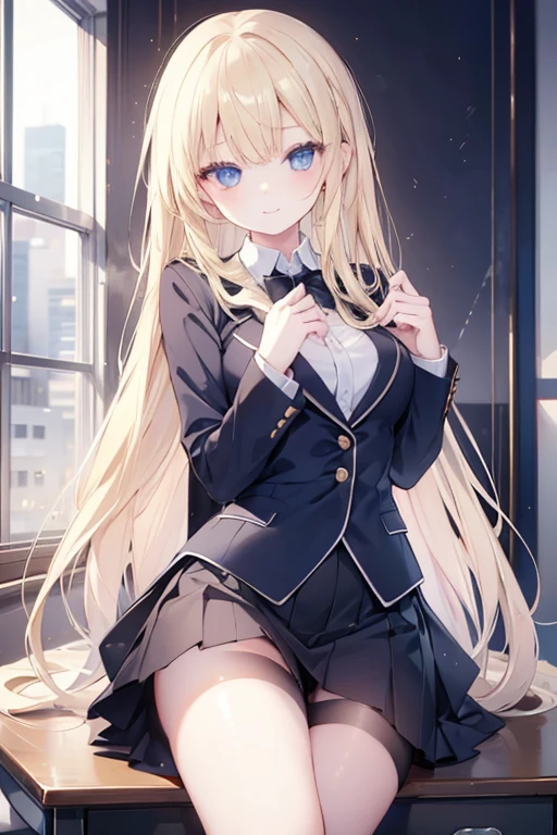 young girl, long blonde hair, blue eyes, beautiful and detailed eyes, ideal body, white shirt, blazer, black skirt, black stockings, sweet smile, (in class)