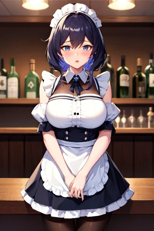 One girl, Acheron \(Honkai: Star Rail\), alone, maid, maid headdress, maid apron, embarrassed, pantyhose, Open your mouth, blush, Lips parted, View your viewers, Cowboy Shot, bar \(place\), indoor, Depth of written boundary