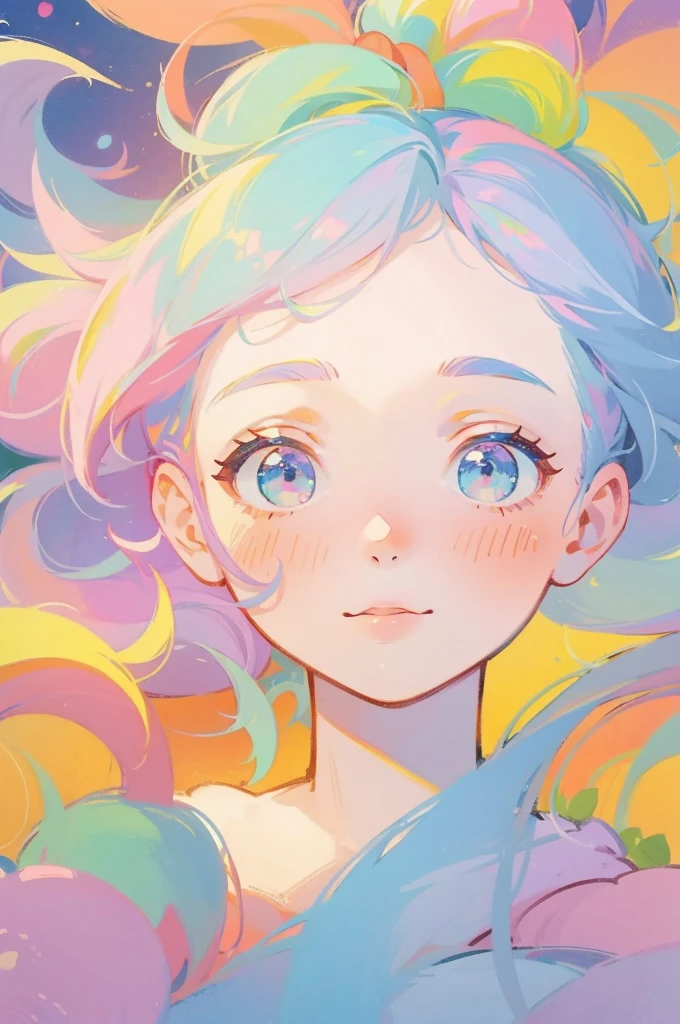 (pastel:1.2)、、High Ponytail_Merging with the Rainbow、barefoot、free、Bright colors、The background is strawberry-themed fractal art.、masterpiece、Highest quality、Super Beautiful Portrait、Gradually brighter towards the outside of the face