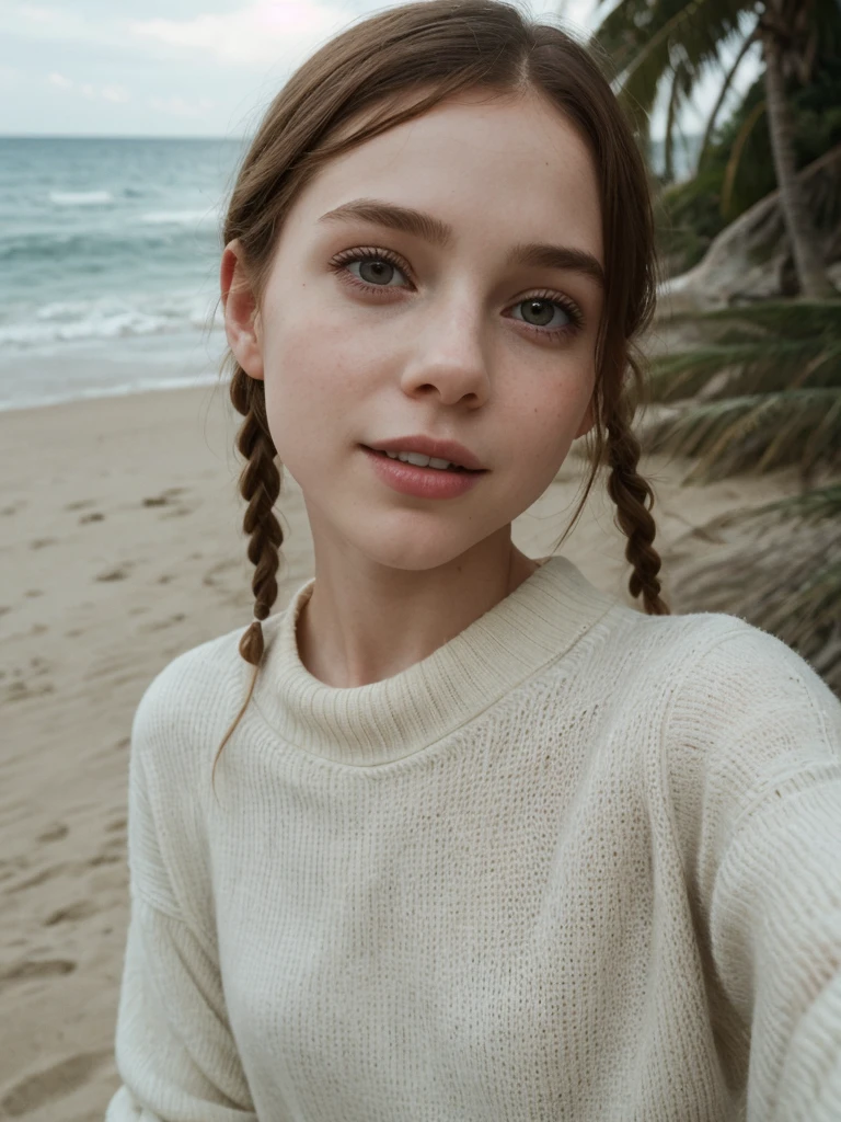 Sophia Lillis,beautiful, elegant, Open your mouth wide, selfie, Long braids,whole body 、transparent Soft sweater、smile,beautiful beach、Relaxed atmosphere、 natural light、Old film photography、Intimate atmosphere、Color photography、summer、vacance,Private Photos、Photos taken by lovers