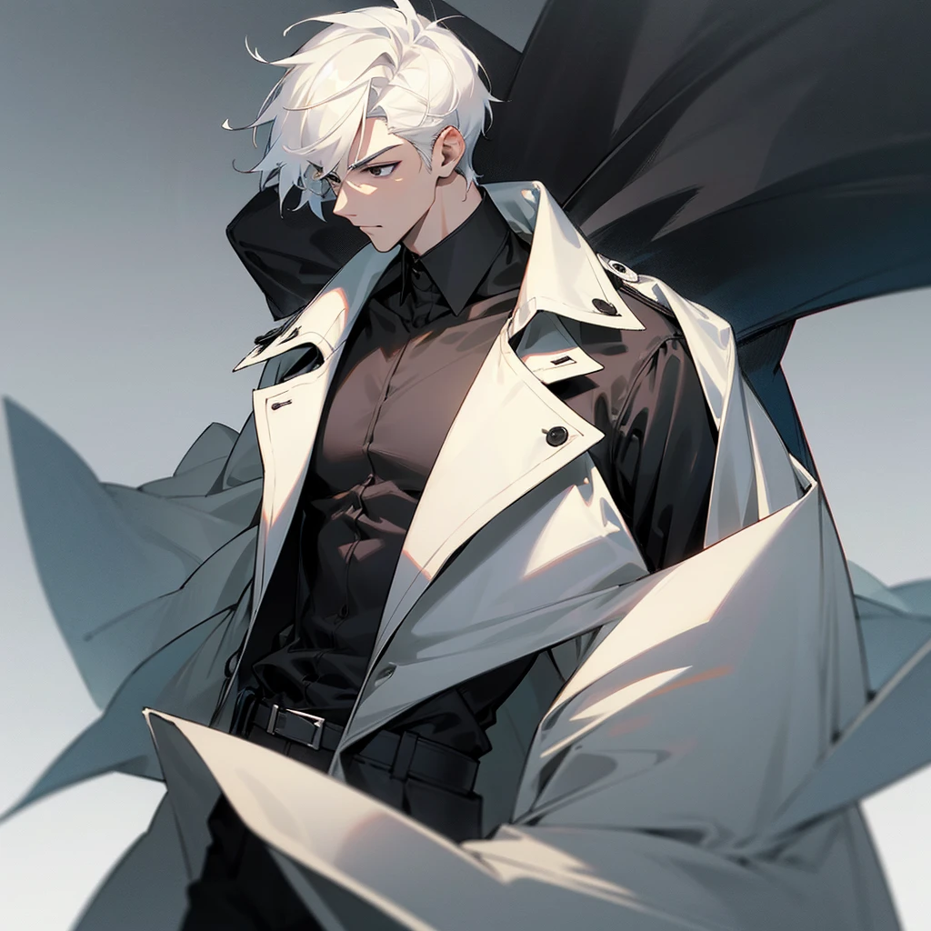 Handsome and masculine adult, with a gallant and elegant bearing, with short white hair, square face, Height of 1.90, black eyes and a calm look, dressed in a black t-shirt and a white trench coat on top.