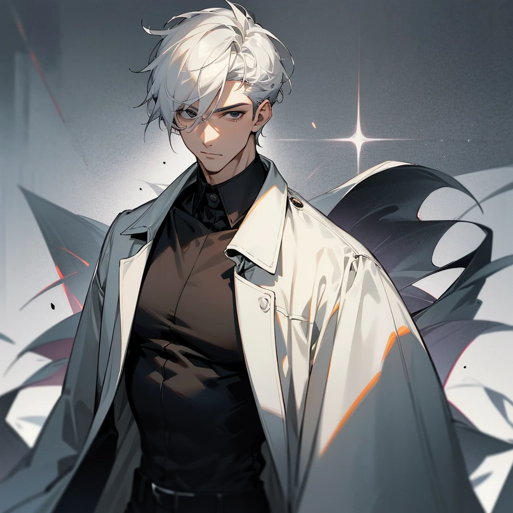 Handsome and masculine adult, with a gallant and elegant bearing, with short white hair, square face, Height of 1.90, black eyes and a calm look, dressed in a black t-shirt and a white trench coat on top.