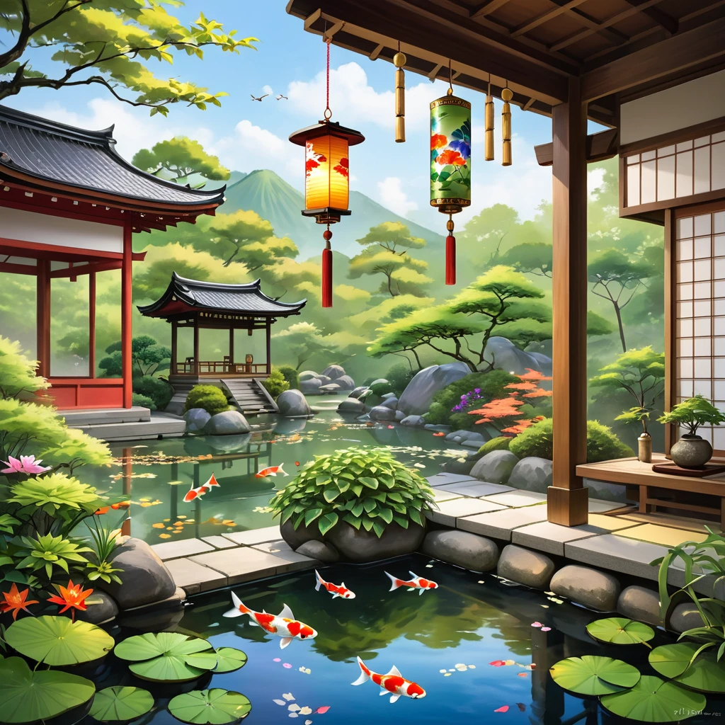 Beautiful Japanese Wind Chimes (Fuurin) Hanging from the eaves of a traditional wooden house. Wind chimes are made of delicate glass.、It features an intricate hand-painted design depicting goldfish and other summer motifs.。, Morning Glory, firework. The chimes have a small wooden clapper、Plays a gentle sound。, The soothing sound of the wind. Under the glass bell, Colorful pieces of paper fluttering in the wind, Add a sense of movement to a quiet scene. The background depicts a lush, tranquil Japanese garden., stone lantern, And a peaceful koi pond.