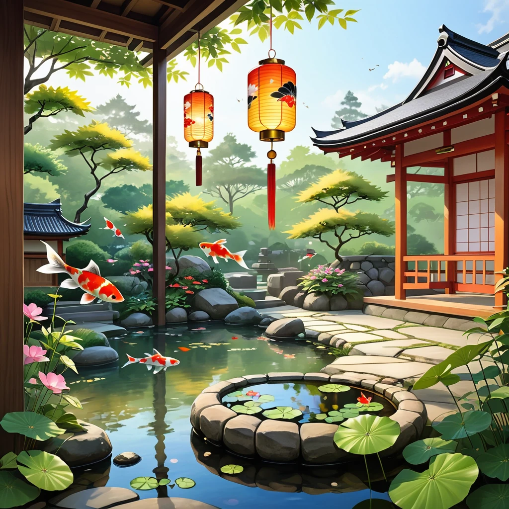 Beautiful Japanese Wind Chimes (Fuurin) Hanging from the eaves of a traditional wooden house. Wind chimes are made of delicate glass.、It features an intricate hand-painted design depicting goldfish and other summer motifs.。, Morning Glory, firework. The chimes have a small wooden clapper、Plays a gentle sound。, The soothing sound of the wind. Under the glass bell, Colorful pieces of paper fluttering in the wind, Add a sense of movement to a quiet scene. The background depicts a lush, tranquil Japanese garden., stone lantern, And a peaceful koi pond.