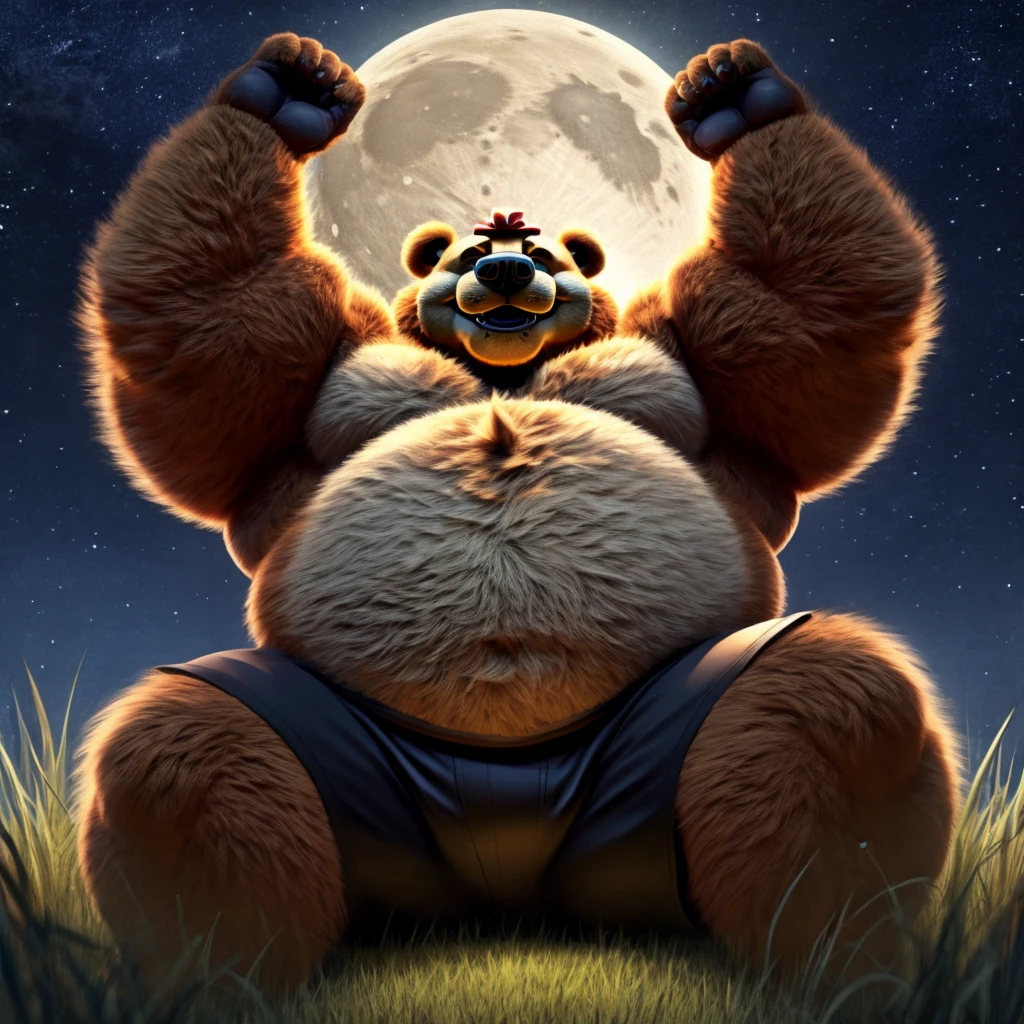 Fat Huge Daddy Furry nightmare Fredbear Bigger belly and large chunky body and Belly wearing Black Shorts and sitting on the Grass with the cutest Smile watching the dark stars and the moon got his arms up waiting for a Hug