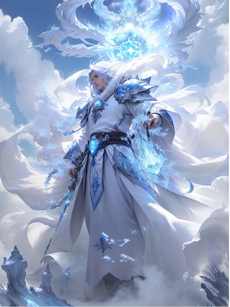 With blue lights, flowing white robe, cotton cloud mage robes, Ethereal fantasy, cloud mage robes, Wearing Ether Armor, god of winter, Detailed fantasy art, High quality fantasy art, highly Detailed fantasy art, of Ethereal fantasy, author：Yang J, Astral Ether, Anime fantasy illustration