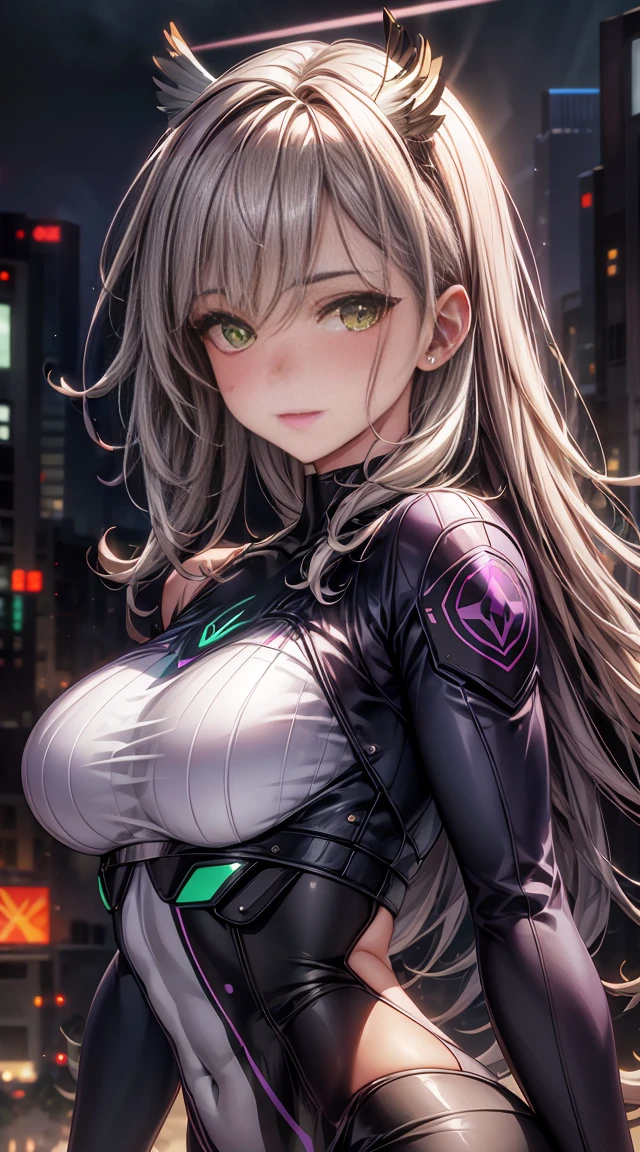 Highest quality、first work、Ultra-high resolution、(Realistic:1.4)、1 girl、Bright green long hair、Straight hair, shiny clean hair、(Green Eyes), White and glowing skin、Sexy Cyberpunk Girl、((Ultra-Realistic Details))、Shadow、Octane Rendering、Super sharp、Ultra detailed face、Fiberglass、Lightチューブ、Very intricate details、Realistic Light、CG Trends、(Green Eyes)、(To the camera)、Neon Details、Purple bat wings on his back, It has small bat wings on its head, Mechanical cervical immobilization to the neck、Wires and cables connected to the head、((Valkyrie))、((Beam Cannon))、Ready to Battle、((Seductive pose:0.8))、(Light_smile:1.0)、whole body、