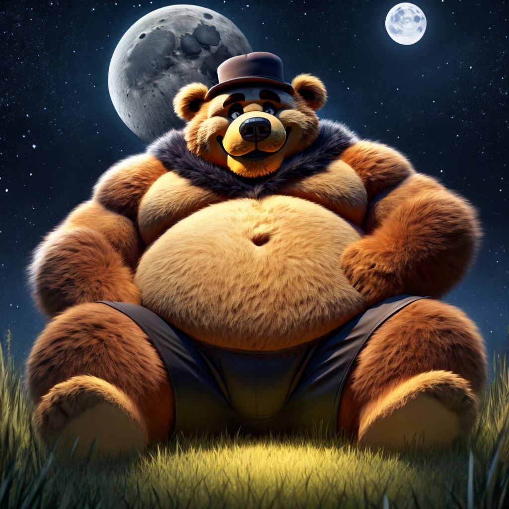 Fat Huge Daddy Furry nightmare Fredbear Bigger belly and large chunky body and Belly wearing Black Shorts and sitting on the Grass with the cutest Smile watching the dark stars and the moon 