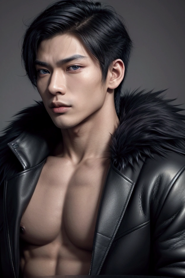 ((face portrait)), close-up photo, ((more focus on face)),((pose of superiority)), ((powerful man)), very luxurious in the image, highly detailed image. ((A man)), 20 year old boy, young appearance, perfect masculine appearance, detailed face, light blue eyes, seductive look, defined jawline, Serious countenance, marked nose, marked jaw, handsome face, young male face. Black hair, detailed hair, men's haircut. Perfect male body, broad shoulders, chest Toned, defined abs, toned body. Wearing a leather jacket with Spikes, leather jacket, black leather pants, goth look. Face with Korean features, slanted eyes, Asian appearance, Asian facial features, Striking a masculine pose, looking fixedly at the viewer, Asian features, Asian man, masculine, ((wearing a wolf fur cape)), ((very detailed clothing)), ((man posing)).