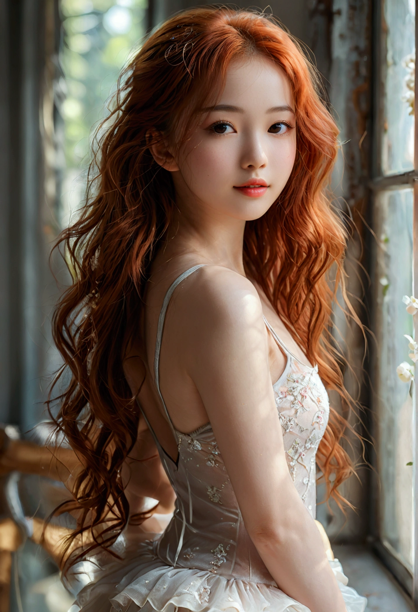 (full body shot:1) photorealistic image of a (walking pose:1) woman, ultrarealistic, photography, long red hair, woman, 24 years old, hourglass figure, perfect body, Flirty look, natural medium breasts, blur background, ulzzang-6500-v1.1, (RAW Photos:1.2), (photoGenuineistic), ( Genuine: 1.4), (Pieces fly), Highest quality, Ultra-high resolution, Original photo, Amazing beautiful body, Great beauty、A shy smile、Soft Light, ballet leotard practice)、(Wearing white tights、Real tights)、Ballet Lessons、Standing by the window、A shy smile、RAW Photos, (8K、Highest quality、masterpiece:1.2)、(Intricate details:1.4)、(Photorealistic:1.4)、Octane Rendering、Highly detailed and intricate 3D rendering, Soft Light in the studio, Rim Light, Crisp details, Super detailed, Realistic skin texture, Detailed aspect, Beautiful attention to detail, Highly detailed CG Unity 16k wallpaper, Compensate, (Detailed Background:1.2), Shiny skin、looked back、Exposed thighs!!!、