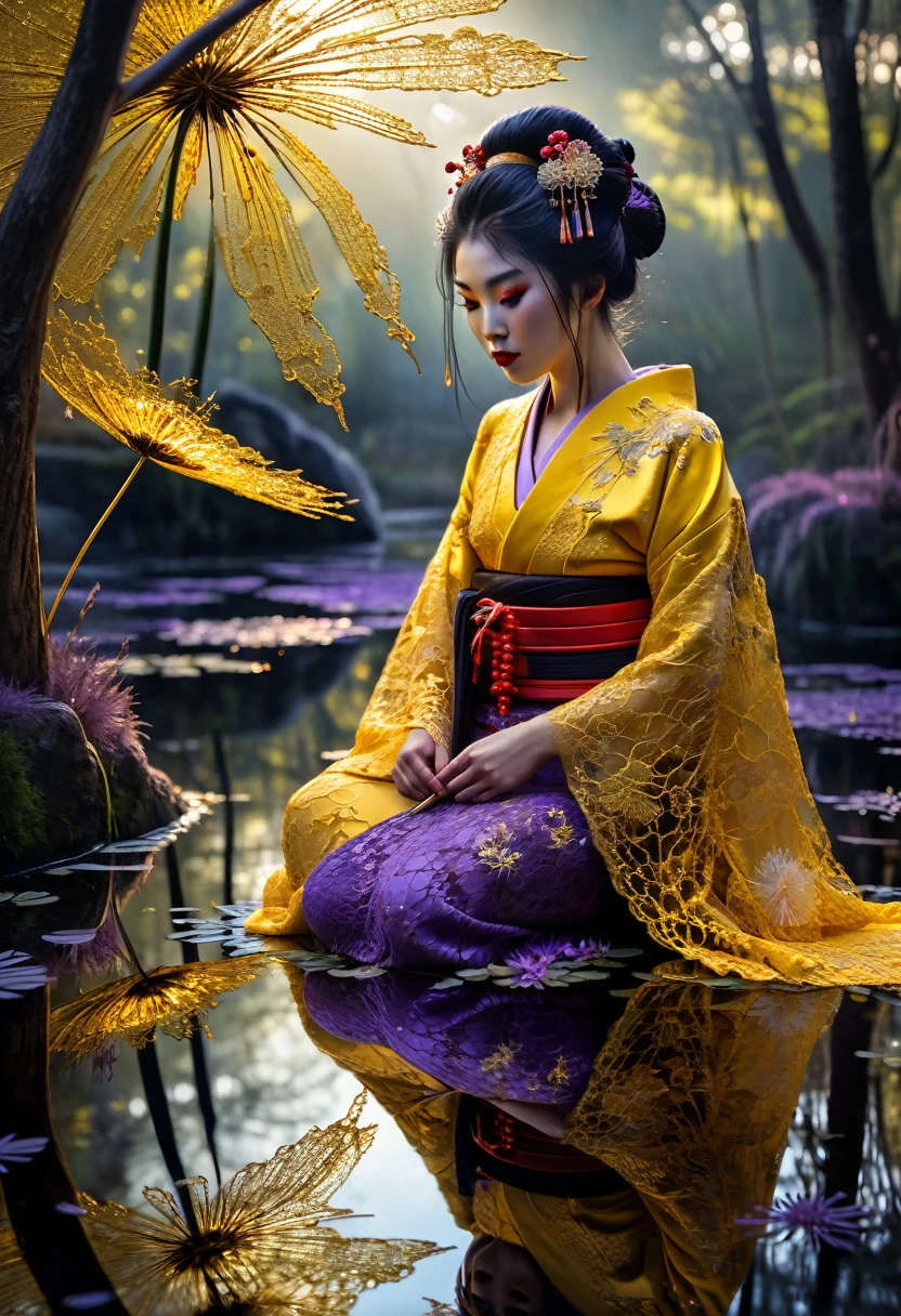 Ornate japanese Geisha in red yellow lavender and black and golden dress made of lace touching a mirrored reflection of herself, lace art, golden intricate motifs lacecraft dandelion pond, glowing forest background, dark hair, dark fantasy, intricate details, hyper detailed, Jean Baptiste Monge, Carne Griffiths, Michael Garmash, seb McKinnon, masterpiece