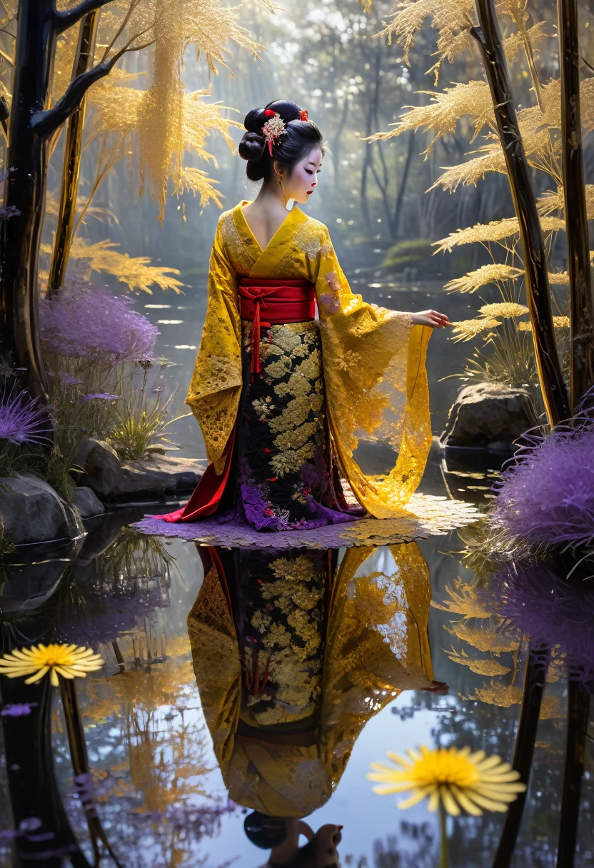 Ornate japanese Geisha in red yellow lavender and black and golden dress made of lace touching a mirrored reflection of herself, lace art, golden intricate motifs lacecraft dandelion pond, glowing forest background, dark hair, dark fantasy, intricate details, hyper detailed, Jean Baptiste Monge, Carne Griffiths, Michael Garmash, seb McKinnon, masterpiece