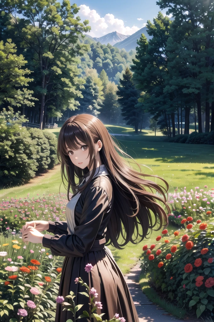 masterpiece, absurdres, highres, ultra detailed, 1girl, long hair, brown hair, brown eyes, wild flower, afternoon sun, wind breeze,  AddXL, wild nature oil painting