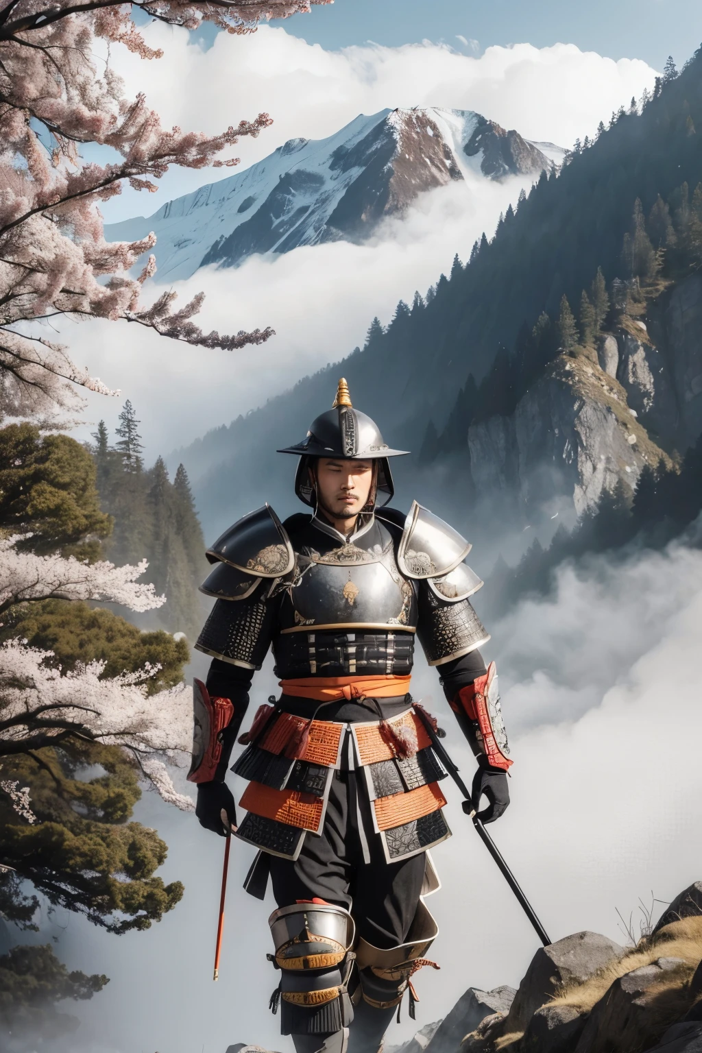 ((best qualityer)), ((work of art)), (detailded), Samurai, armour, armour escura, black, In background, with cherry trees, Oranges, in mountains, With fog, clouds, moonligh, moonligh avermelhada