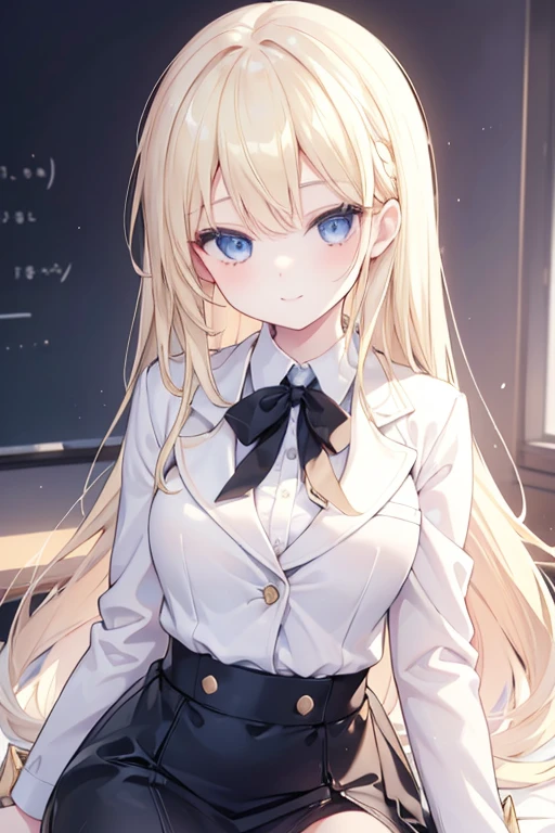 young girl, long blonde hair, blue eyes, beautiful and detailed eyes, ideal body, white shirt, blazer, black skirt, sweet smile, (in class)