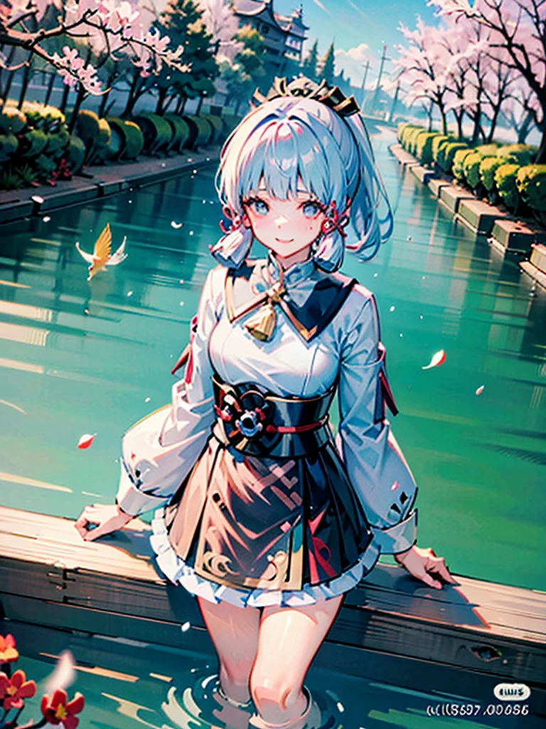 Anime girl, Kamisato Ayaka Genshin Impact, standing in Japanese garden, koi in river, close to river, smiling, blushing, snowing, falling snow around her