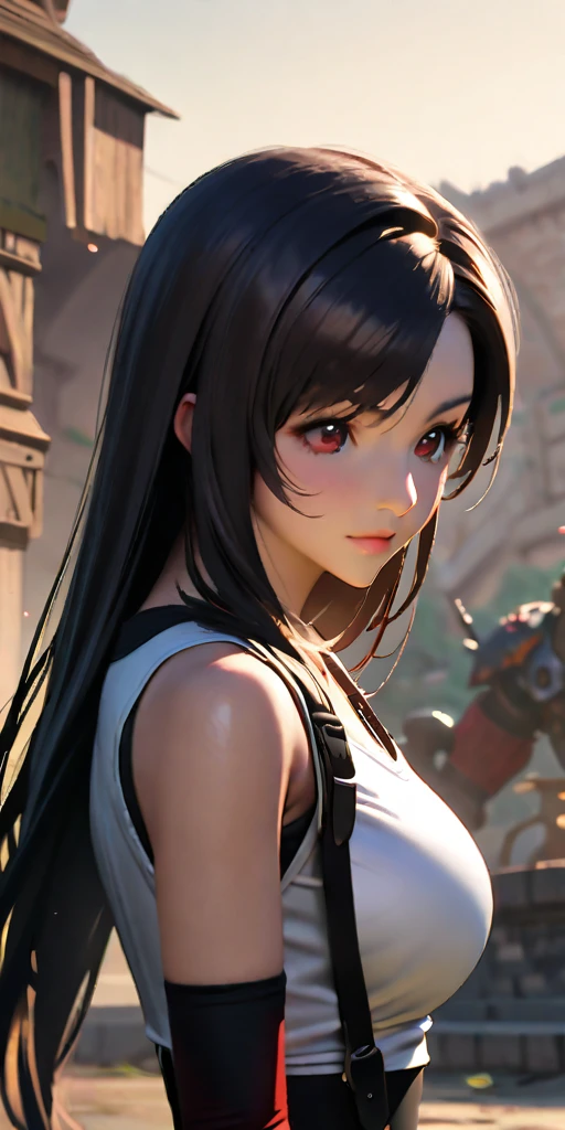 (((((tifa lockhart,Final Fantasy 7:1.5))))),((Highest quality、masterpiece、anime style、best quality、high resolution、8k、detailed、ultra-detailed:1.3))、Long legs:1.2, Beautiful woman with perfect figure:1.4、(Smiling:1.2), double eyelid、30-year-old female、((((One Woman,beautiful face,Beautiful face、Outdoor,upper body:1.5)))),Big Breasts、High resolution, accurate, Anatomically correct, High-resolution model, high quality, Very detailed, Ultra high definition、Black Hair、Straight Hair、Long Hair,赤いオープンフィンガーグローブ,battle,monster,ファイティングポーズ