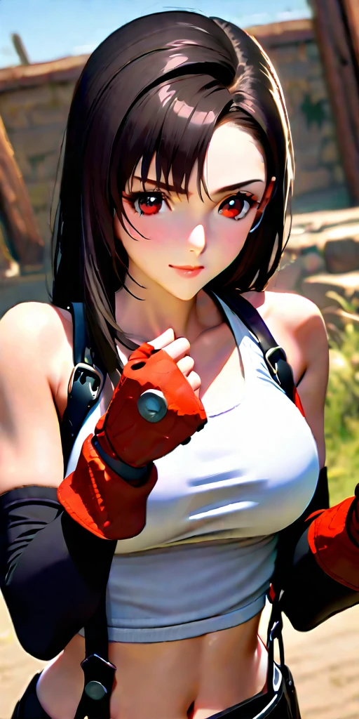 (((((tifa lockhart,Final Fantasy 7:1.5))))),((Highest quality、masterpiece、anime style、best quality、high resolution、8k、detailed、ultra-detailed:1.3))、Long legs:1.2, Beautiful woman with perfect figure:1.4、(Smiling:1.2), double eyelid、30-year-old female、((((One Woman,beautiful face,Beautiful face、Outdoor,upper body:1.5)))),Big Breasts、High resolution, accurate, Anatomically correct, High-resolution model, high quality, Very detailed, Ultra high definition、Black Hair、Straight Hair、Long Hair,赤いオープンフィンガーグローブ,battle,monster,ファイティングポーズ