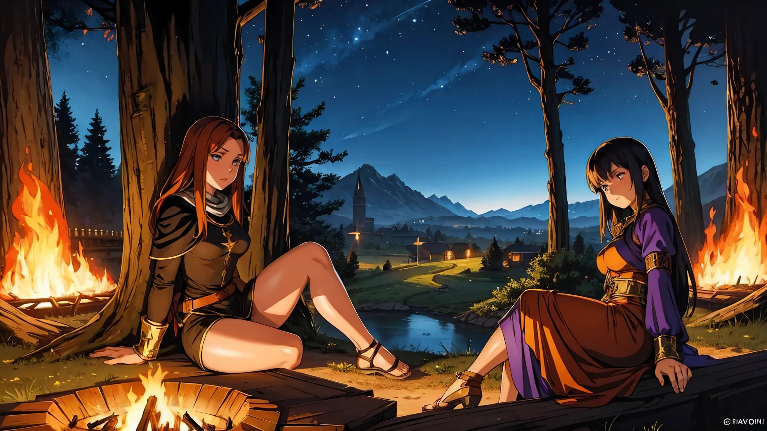 night　One person　Medieval fantasy world　Adventurer　bonfire　rest　woman　lean on a tree