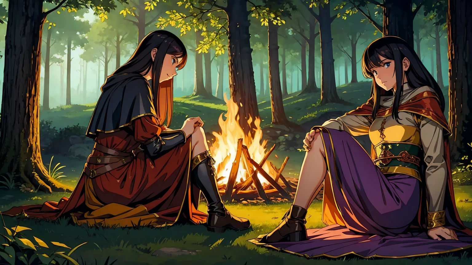 night One person Medieval fantasy world Adventurer bonfire rest woman lean on a tree