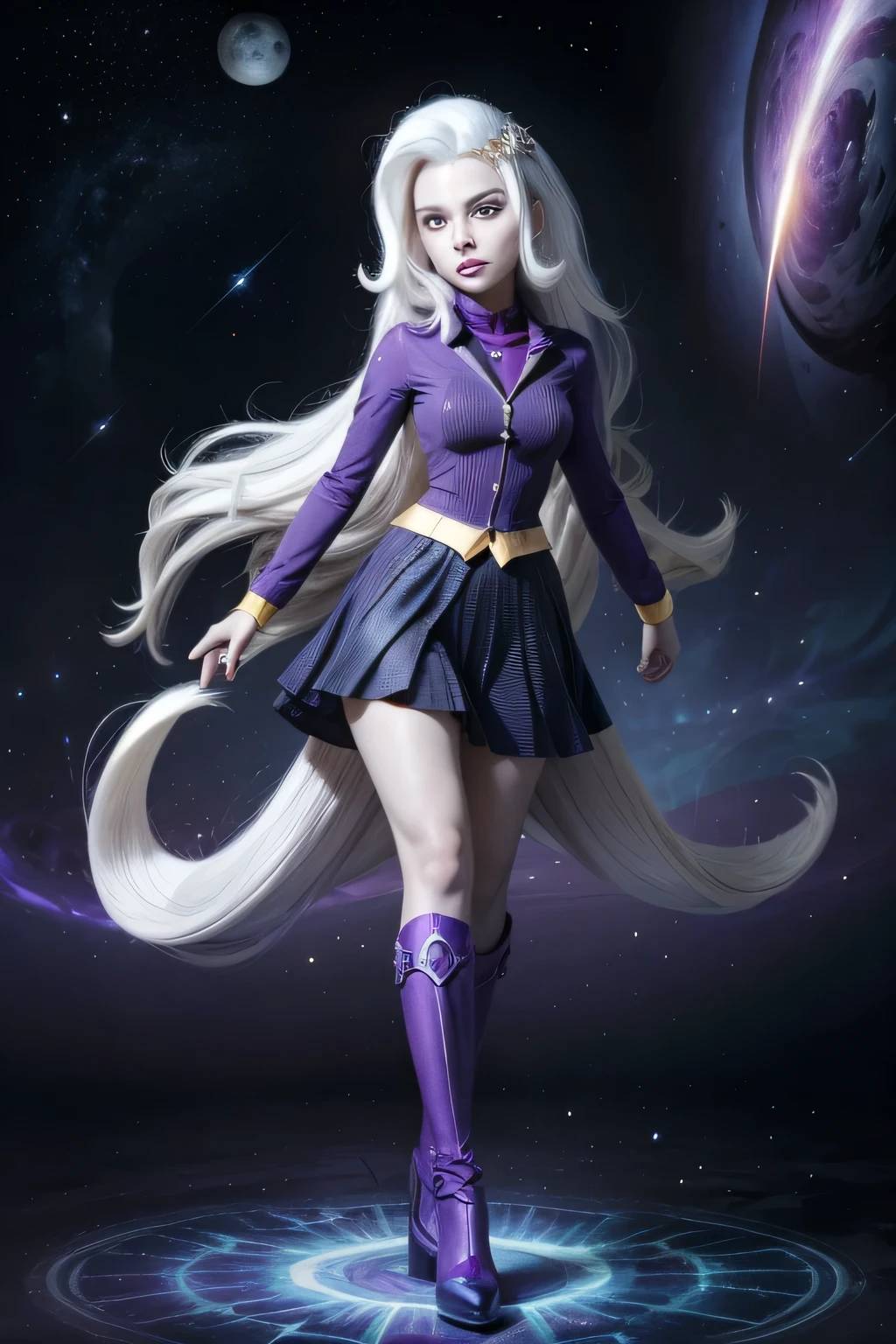 transcended Great and powerful supreme cosmic powers of the Great and Powerful Trixie lulamoon, Waithe hair, eyes purple, white skin, omnipotent powers beyond all, thousands of trillions of times more powerful than the entire omniverse combined entire body, full body