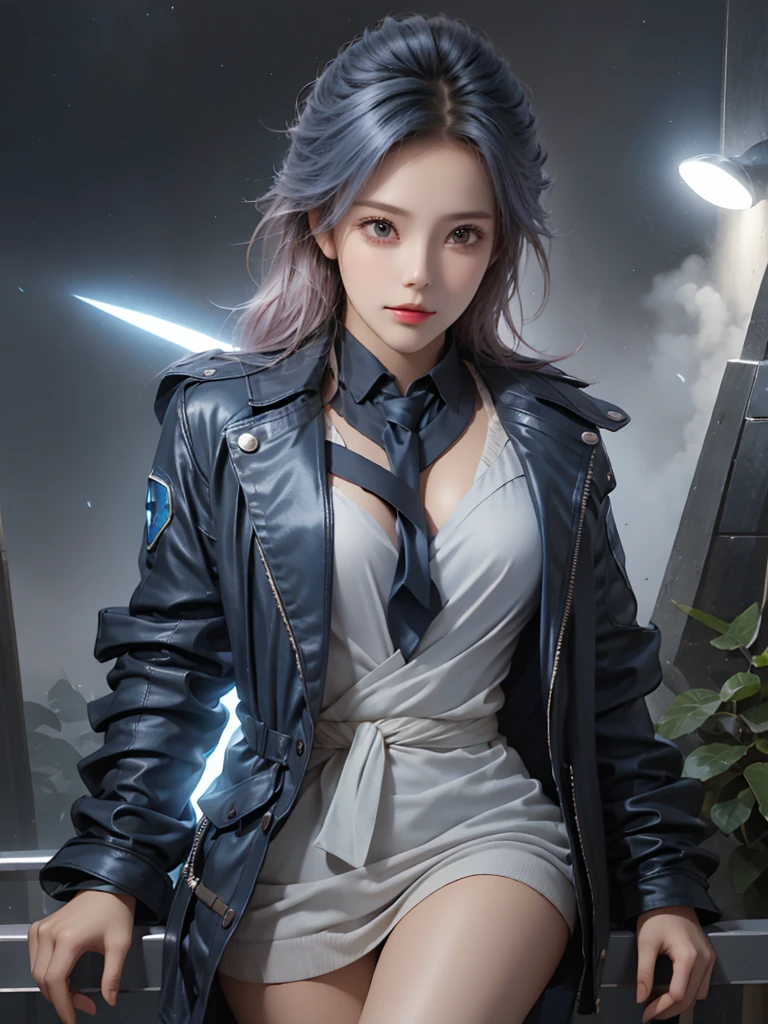 A female 23 years okd who got struck by lighting and got speed, flying, lighting bolts, Suit blue with glowing lighting symbol, hair colour dark blue, stormy enviroment