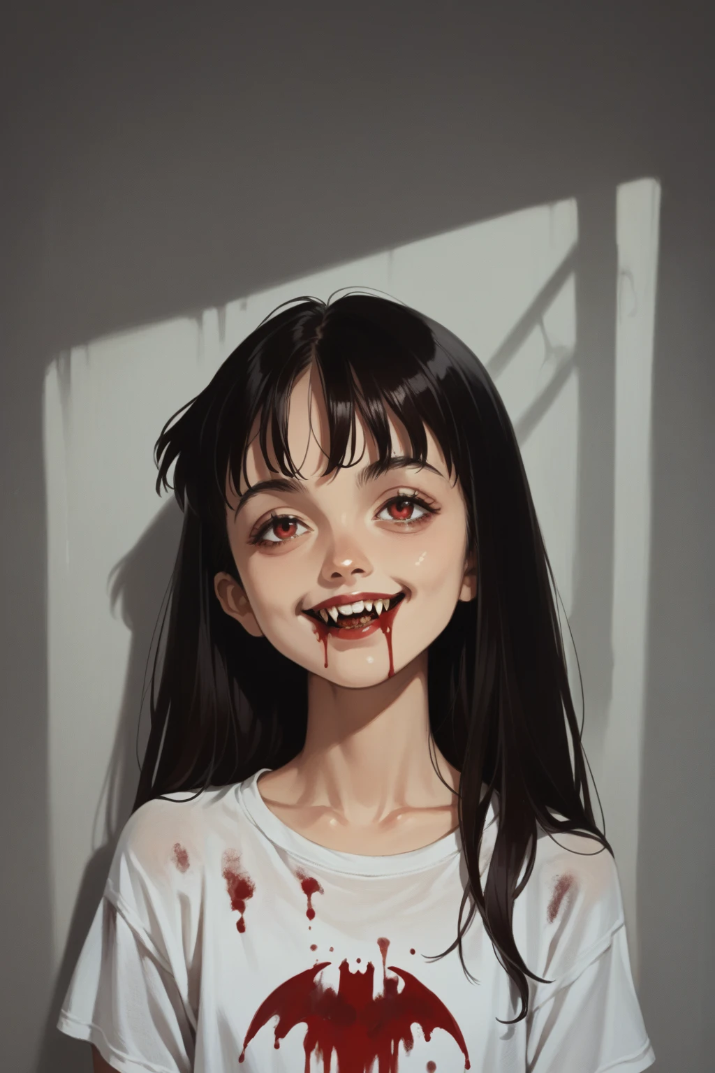 score_9, score_8_up, score_7_up, score_6_up, score_5_up, score_4_up, (source_anime), 1girl solo,  girl, ((vampire)), Prey, smiling, Dark, gloomy environment, Shadows, bloody mouth, Anime style, 