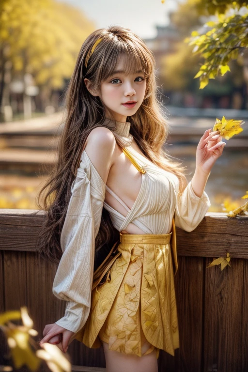 ​masterpiece、8K、32K、top-quality、(A detailed eye)、(A cute Japanese woman、bangss)、23years old、1 girl in、elegent、(Detailed background depiction、portlate:1.2)、(suspender mini skirt)、(yellow fallen leaves:1.3)、cowboy  shot、ssmile、(wide Shots)