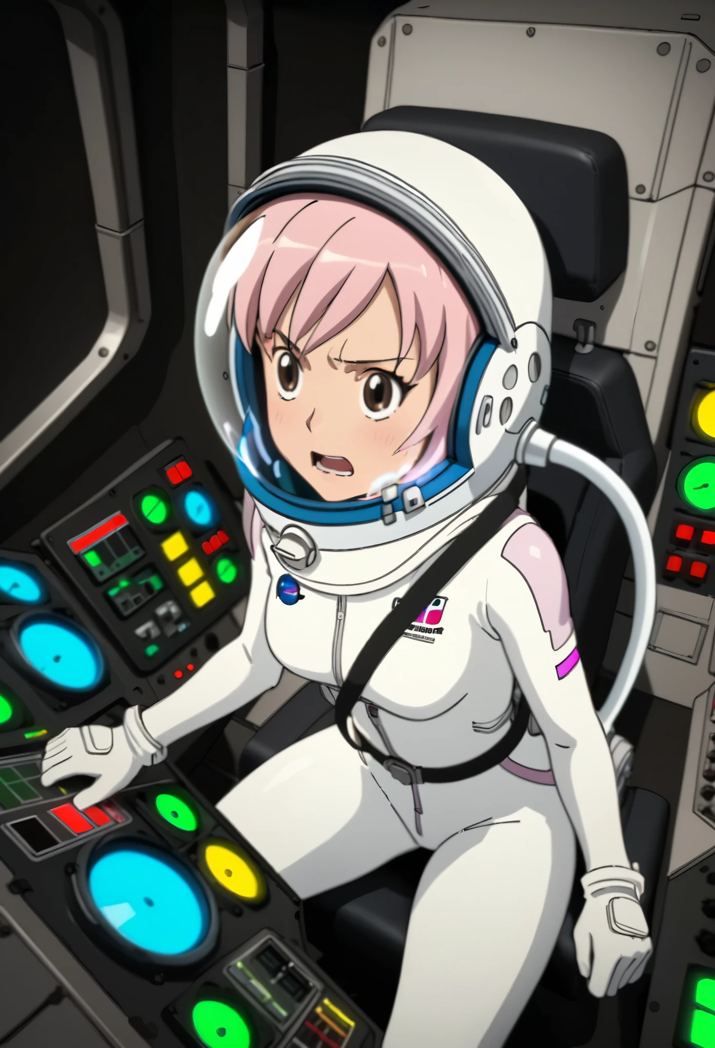 eva helm, spacesuit , astronaut), from above, pink hair, bubble helmet, space helmet, (1girl:1.1) wearing a (spacesuit:1.15), white cargo pants, (ugh, wtf do these buttons do:1.3), inside the cockpit of a (futuristic spaceship:1.1), sitting in the captains chair, (intricate control panels:1.3), (gleaming metal:1.1), surrounded by many buttons and dials and gauges, (confused:1.3), (worried expression:1.1), (nervous:1.1), concerned, beautiful 8k wallpaper, highly advanced, (sleek design:1.3), intricate, highres, superb, 8k wallpaper, extremely detailed, intricate, short hair, from side