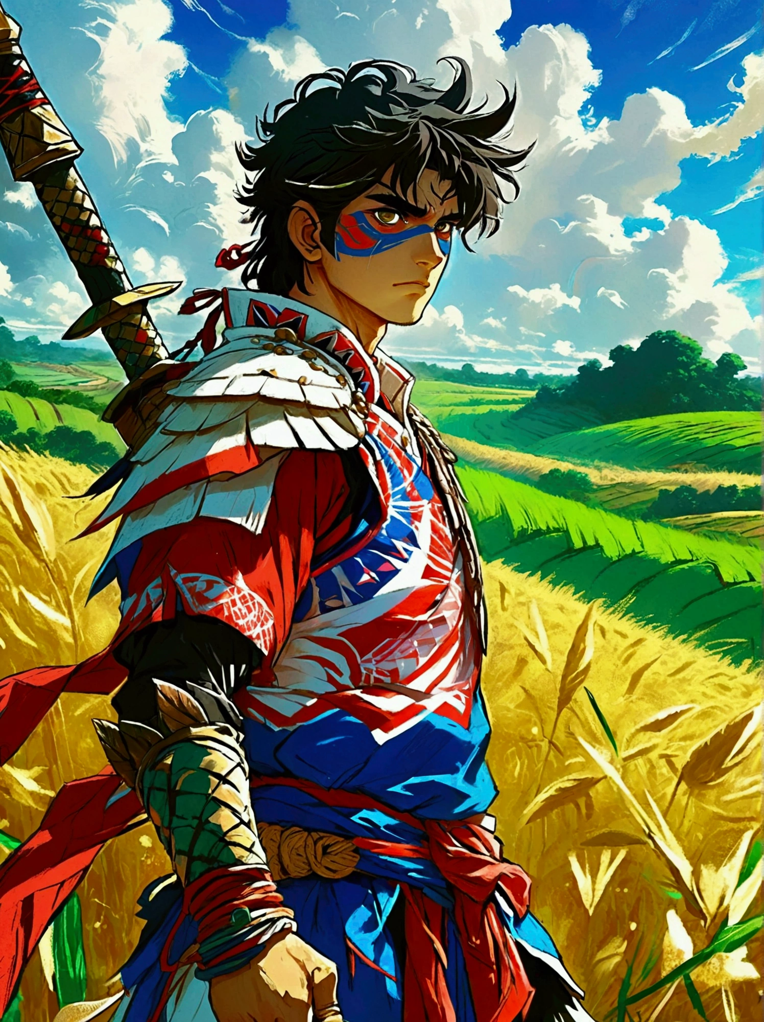 An anime-style warrior from Paraguay. He is wearing a traditional Paraguayan outfit, with a blend of vibrant colors and patterns. His eyes are determined and fierce, reflecting his warrior spirit. In his hands, he wields a peculiar, high-tech weapon that integrates elements of Paraguay's culture. The setting is a lush Paraguayan countryside, with vibrant green fields extending till the horizon. Underneath the sprawling sky, the warrior stands tall, illustrating an exciting fusion of traditional Paraguayan aesthetics and contemporary anime design.