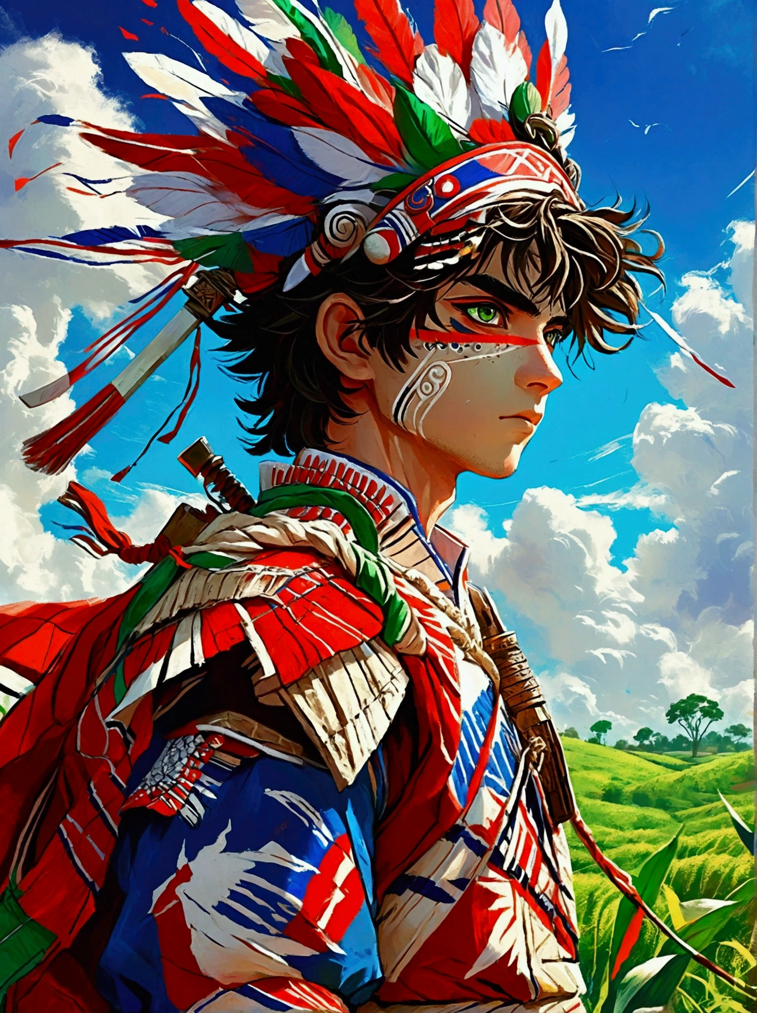 An anime-style warrior from Paraguay. He is wearing a traditional Paraguayan outfit, with a blend of vibrant colors and patterns. His eyes are determined and fierce, reflecting his warrior spirit. In his hands, he wields a peculiar, high-tech weapon that integrates elements of Paraguay's culture. The setting is a lush Paraguayan countryside, with vibrant green fields extending till the horizon. Underneath the sprawling sky, the warrior stands tall, illustrating an exciting fusion of traditional Paraguayan aesthetics and contemporary anime design.