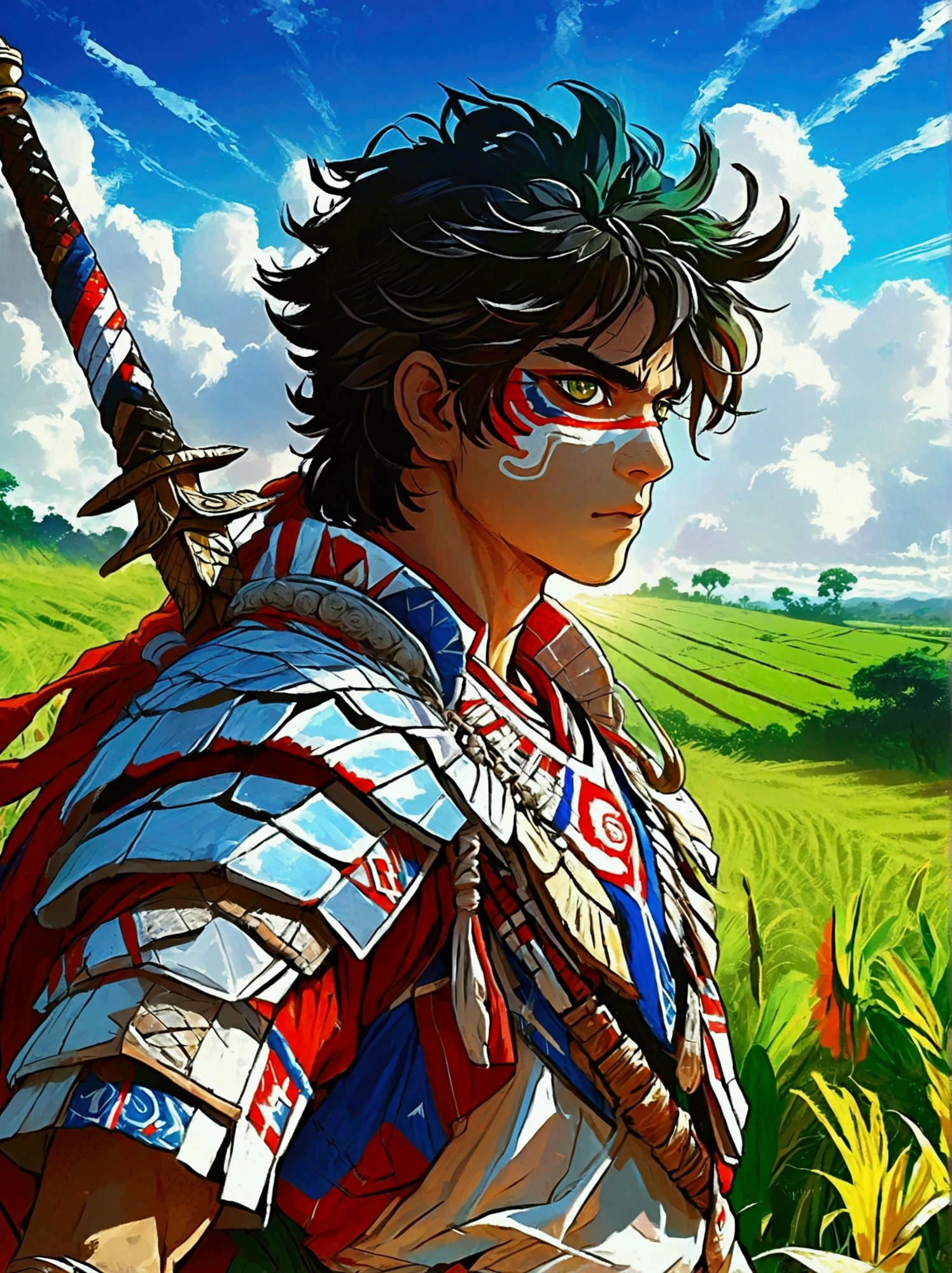 An anime-style warrior from Paraguay. He is wearing a traditional Paraguayan outfit, with a blend of vibrant colors and patterns. His eyes are determined and fierce, reflecting his warrior spirit. In his hands, he wields a peculiar, high-tech weapon that integrates elements of Paraguay's culture. The setting is a lush Paraguayan countryside, with vibrant green fields extending till the horizon. Underneath the sprawling sky, the warrior stands tall, illustrating an exciting fusion of traditional Paraguayan aesthetics and contemporary anime design.