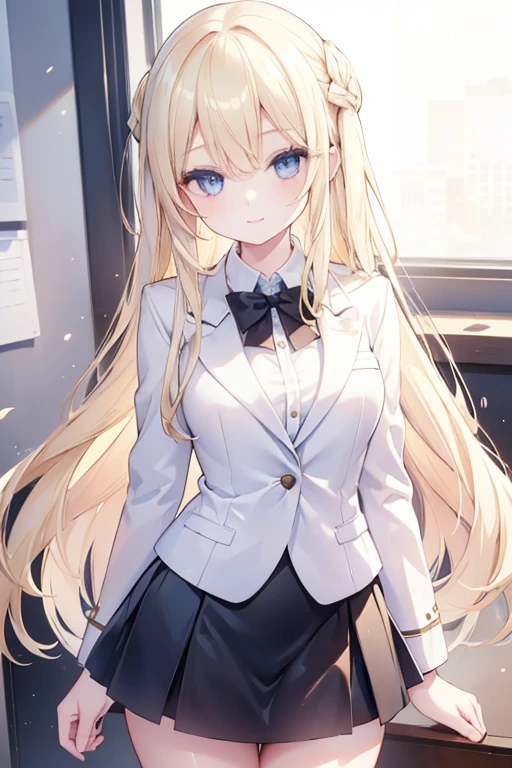 young girl, long blonde hair, blue eyes, beautiful and detailed eyes, ideal body, white shirt, blazer, black skirt, sweet smile, (in class)