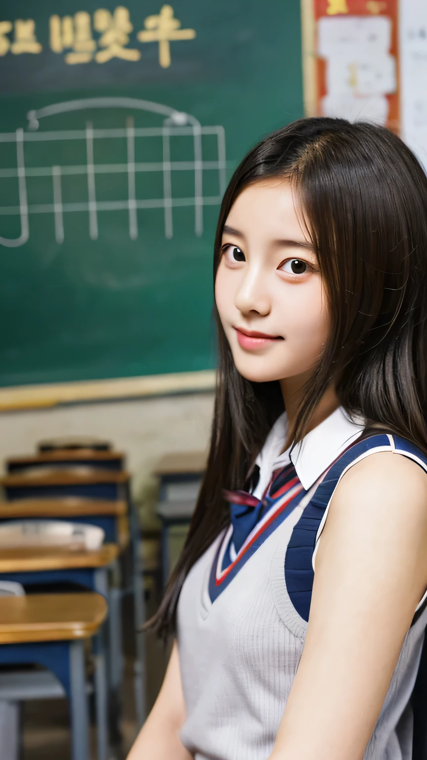 student girl korean cute face model studio photo double background her school girl ,high school girl, korean girl, school, classroom, blackboard